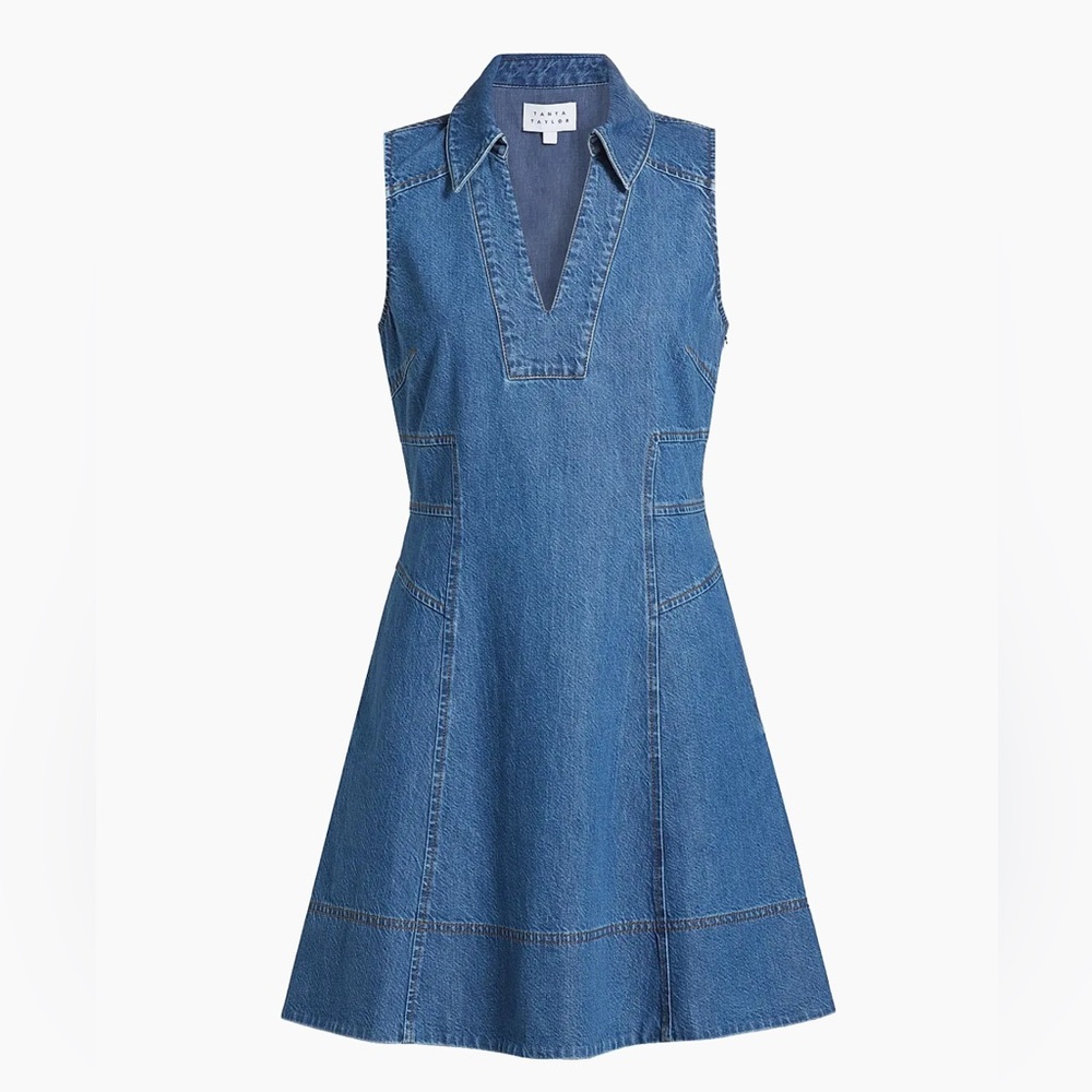 Tanya Taylor Reinata Blue Denim Sleeveless V-Neck Mini Dress with Pockets